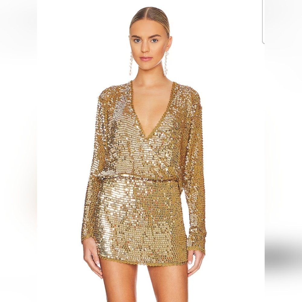 Retrofete Lucia Sequin Crochet Dress in Ginger Deep V Neck Size XS/S NWT